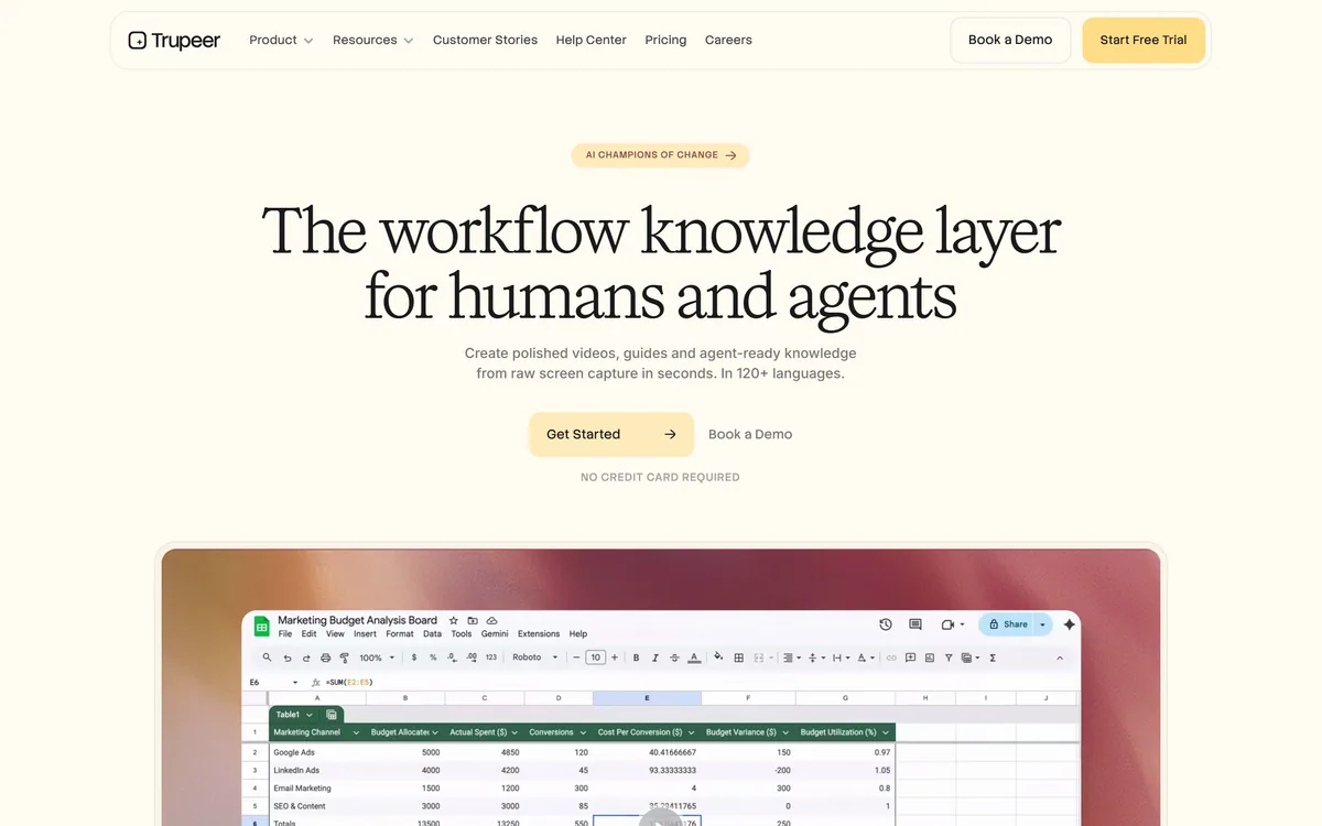 Trupeer's homepage describing screen recordings turned into polished videos and documentation