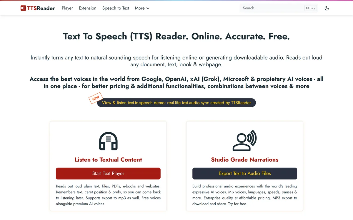 TTSReader's homepage showing its browser-based text-to-speech reader