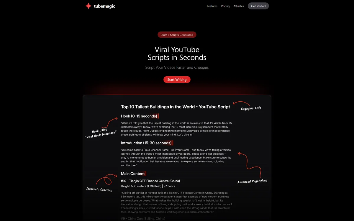 TubeMagic homepage showing its AI YouTube script generator