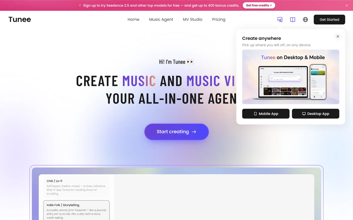Tunee homepage showing its AI music and music video generator