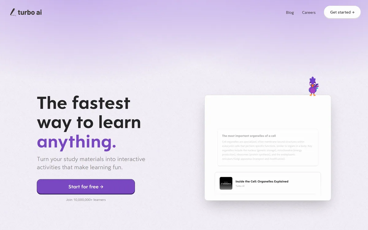 Turbo AI homepage showing the AI study platform formerly called TurboLearn