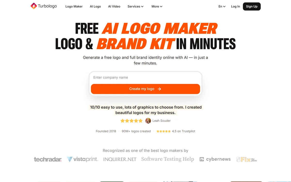 The Turbologo homepage offering a free AI logo maker and brand kit