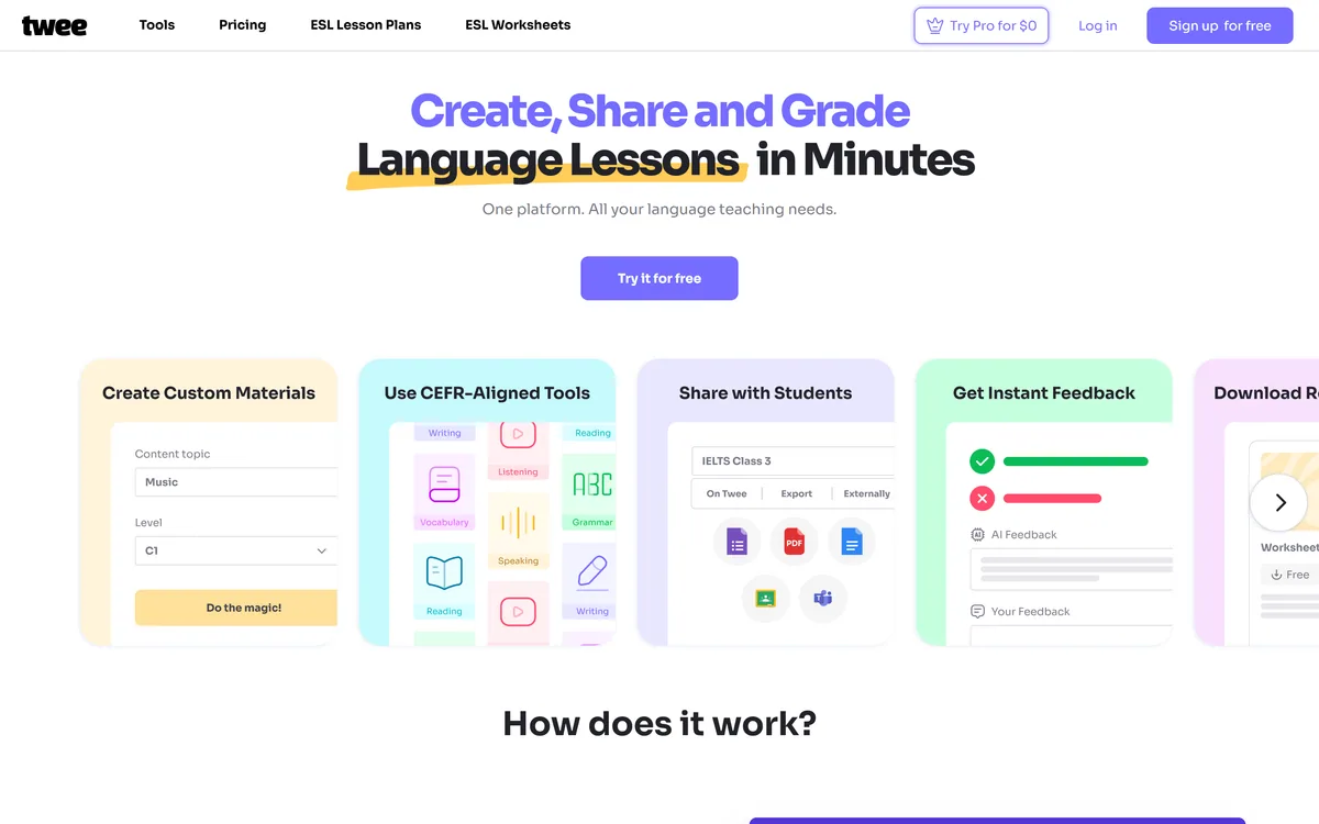 The Twee homepage describing AI lesson creation for language teachers