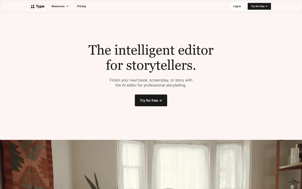 The Type.ai homepage describing an intelligent editor for storytellers
