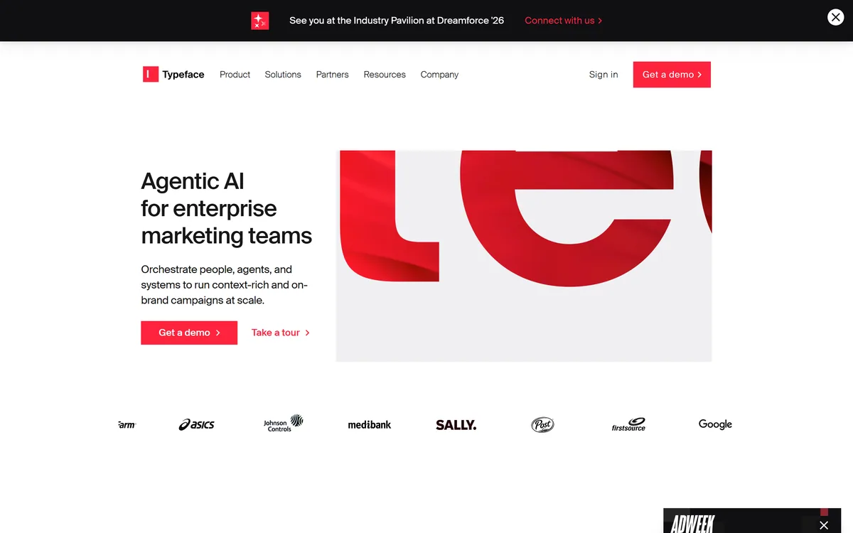Typeface homepage showing the enterprise marketing AI platform