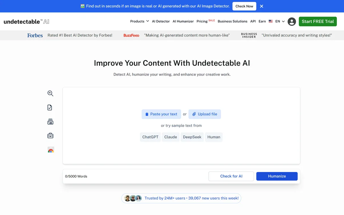 Undetectable AI's homepage offering AI text humanizing and AI content detection