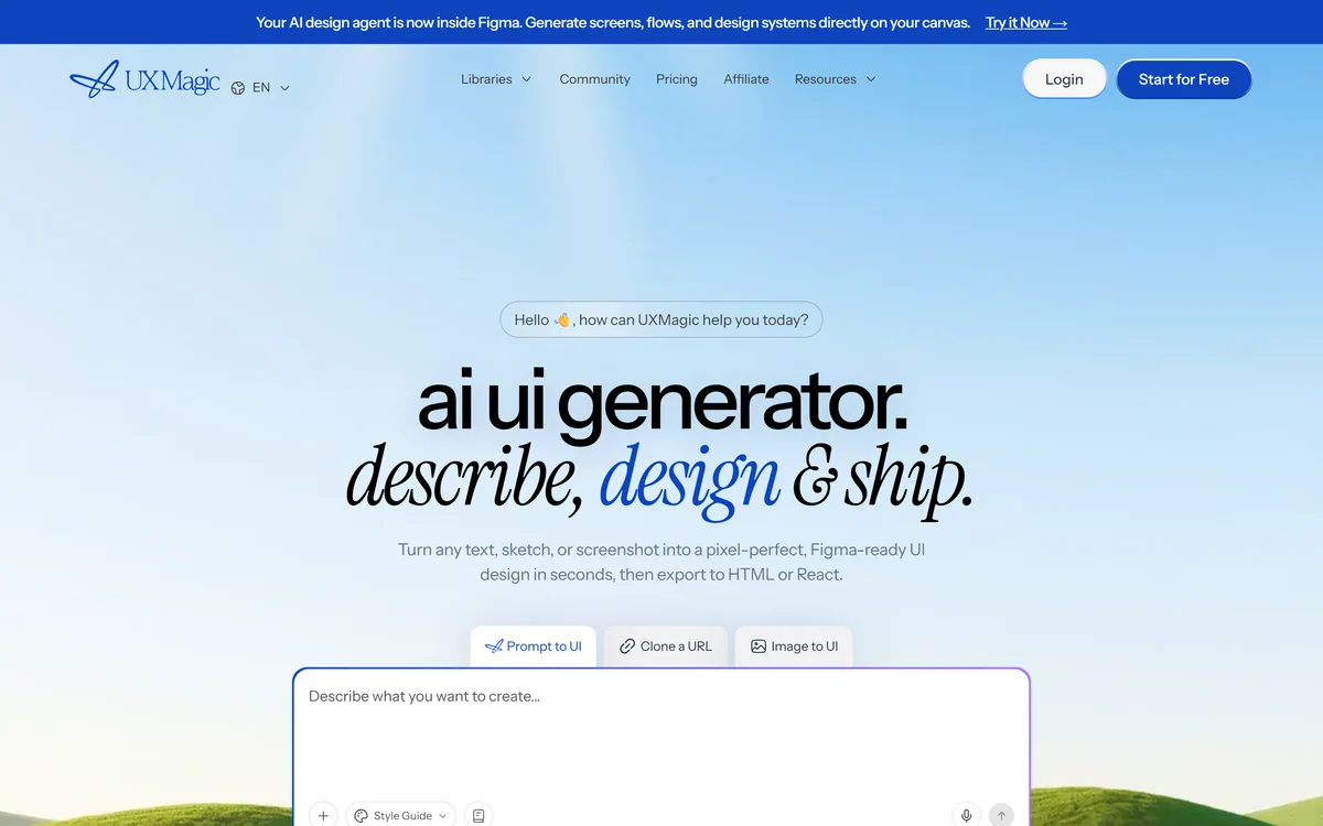 UXMagic's homepage describing turning text, sketches or screenshots into Figma-ready UI designs exportable to HTML or React