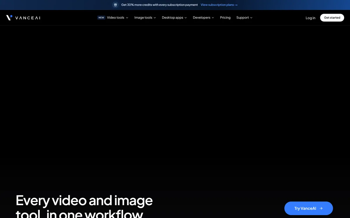 The VanceAI homepage showing its AI image and video enhancement tools