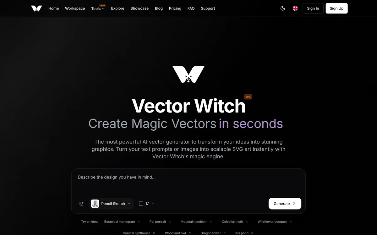 Vector Witch homepage showing the AI SVG generator