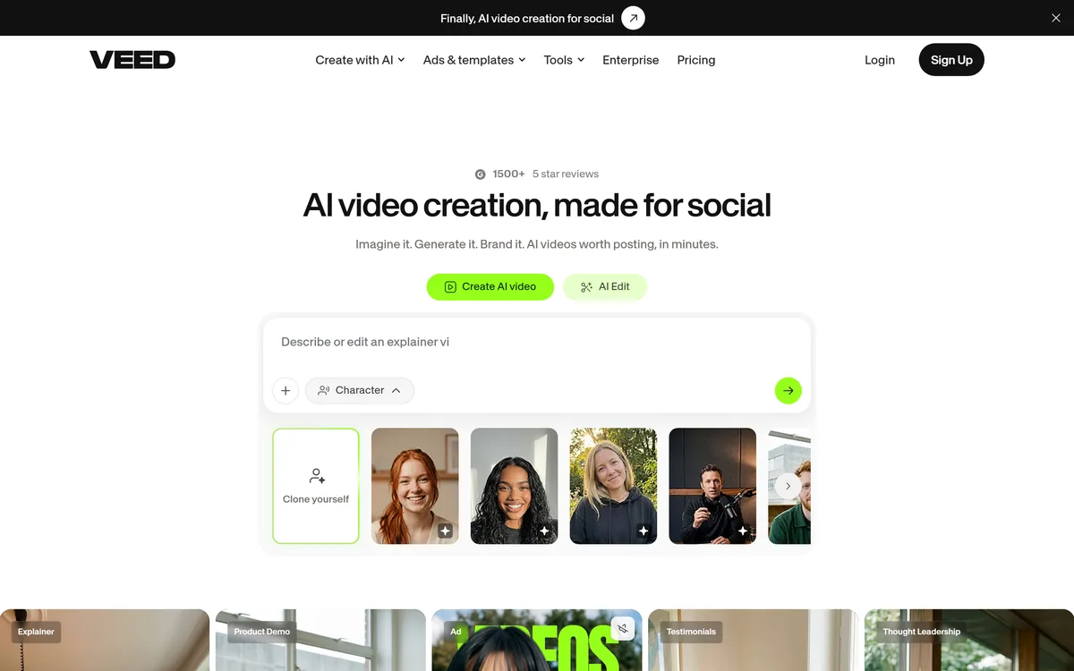 The VEED homepage showing its idea-to-video AI creation workflow