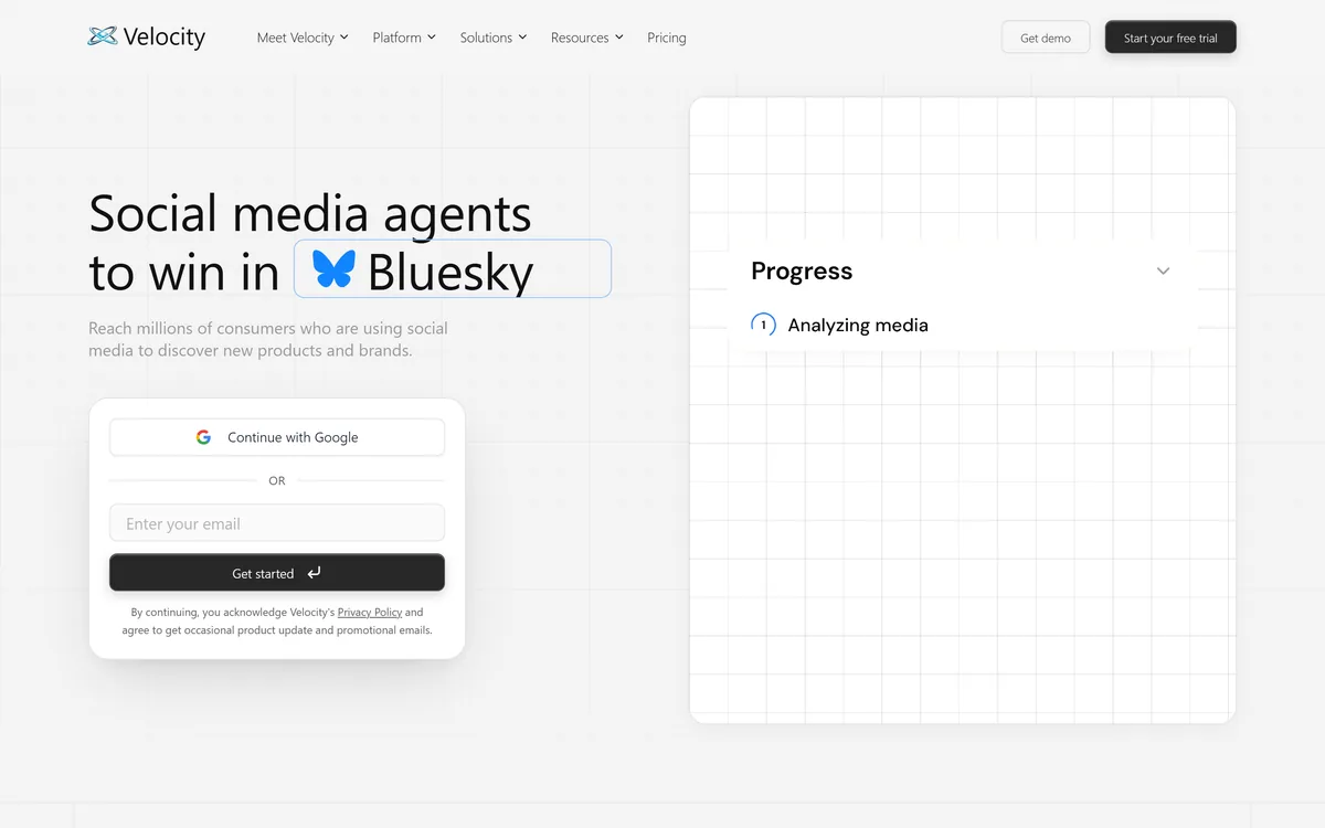The Velocity homepage describing AI social media agents