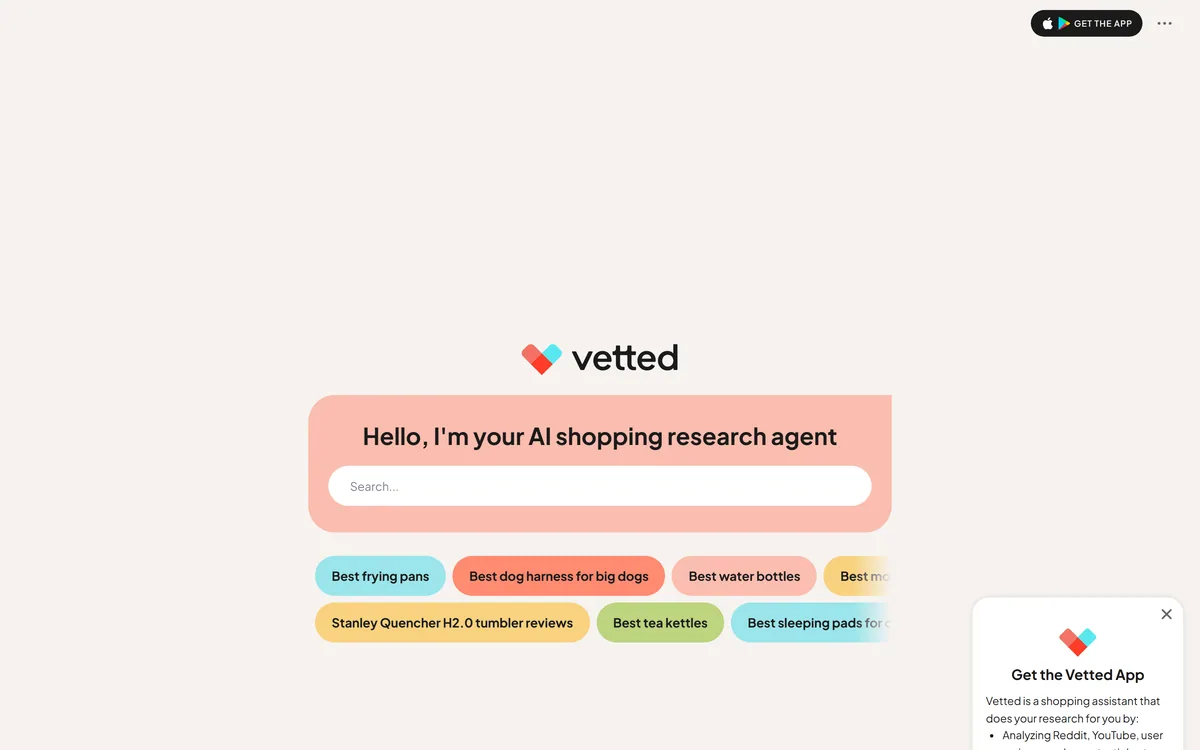 Vetted homepage showing an AI shopping research agent with example product queries