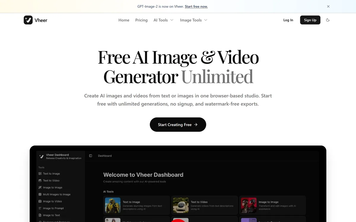 The Vheer homepage offering a free AI image and video generator with no sign-up