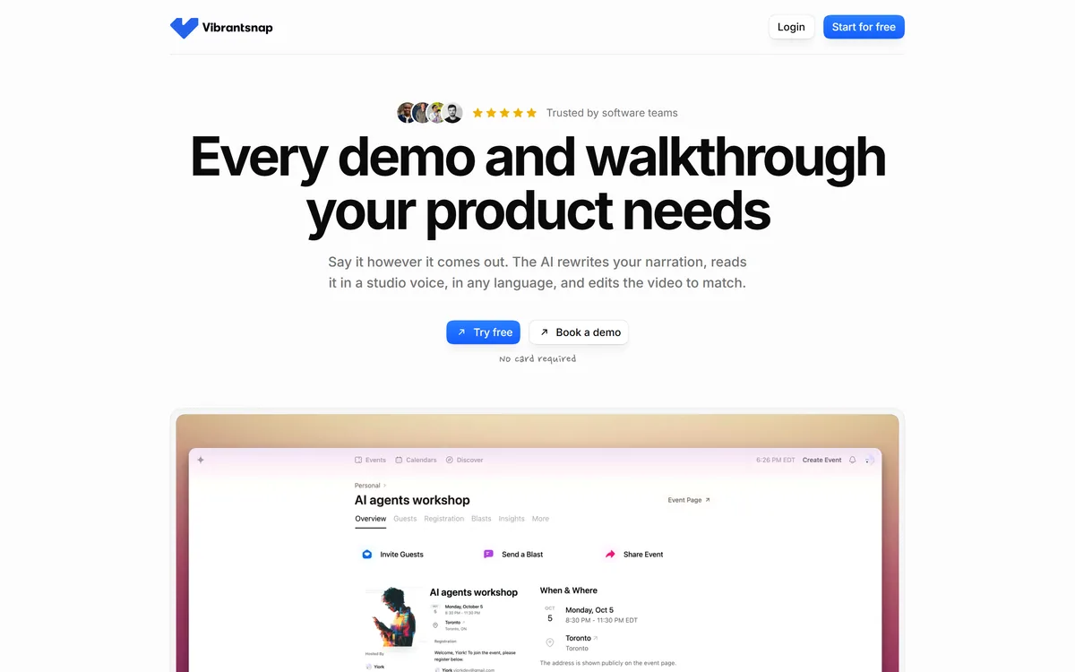 The Vibrantsnap homepage showing AI-polished product walkthroughs and demos