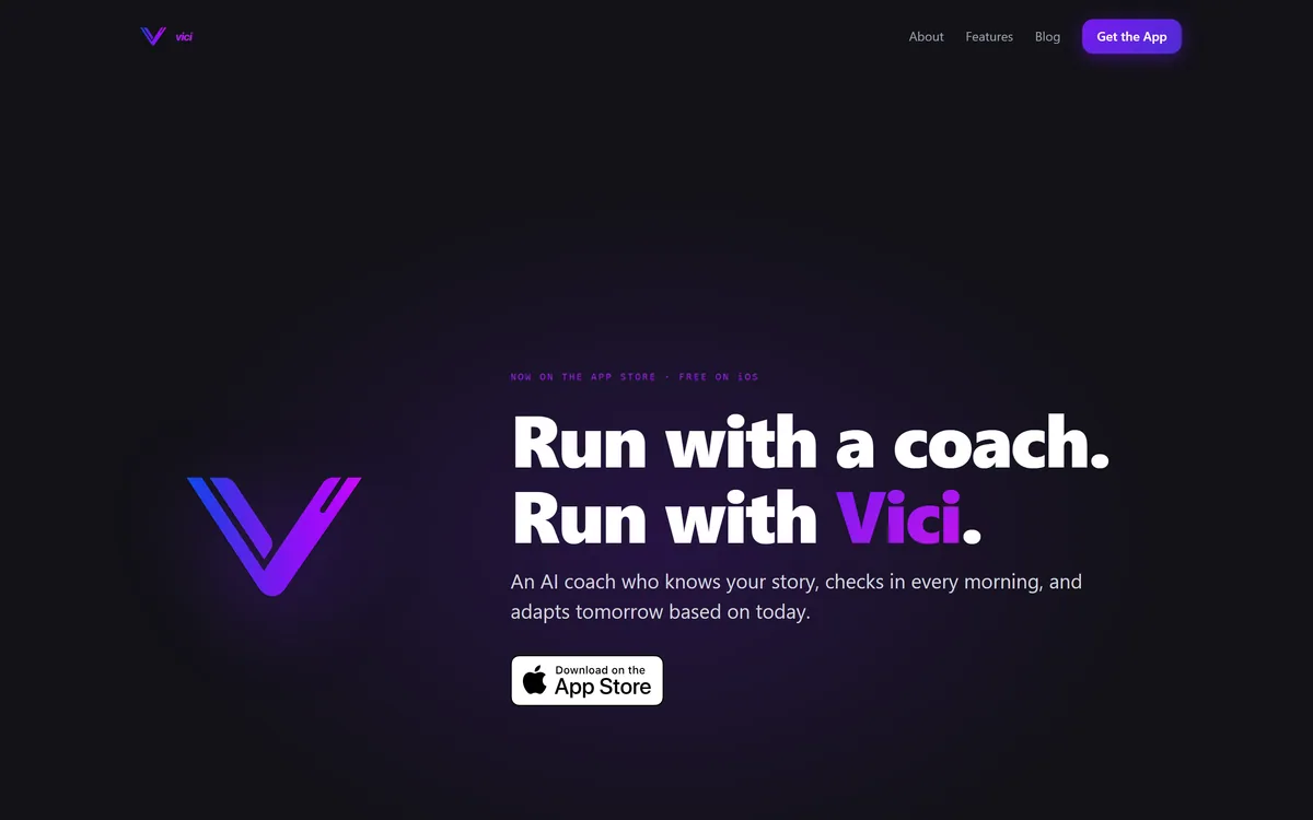 Vici homepage showing the AI running coach