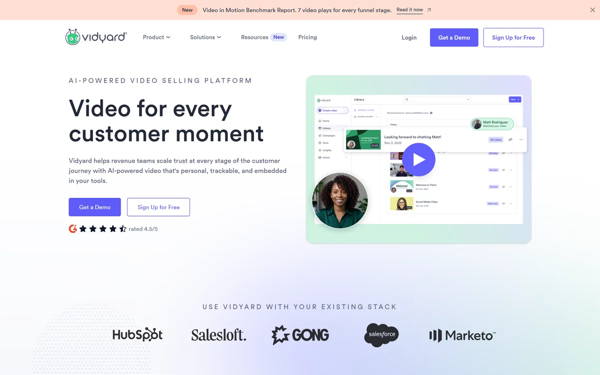 Vidyard homepage showing its AI-powered video selling platform
