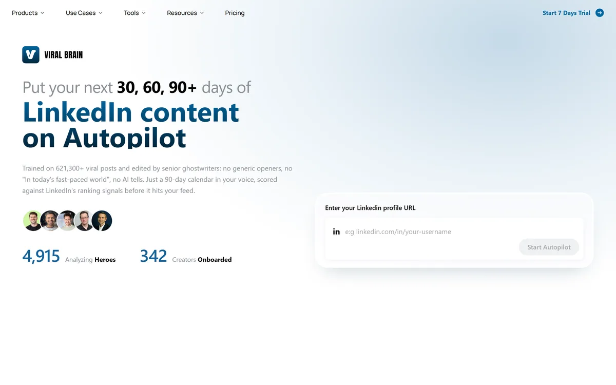 ViralBrain homepage showing LinkedIn content automation