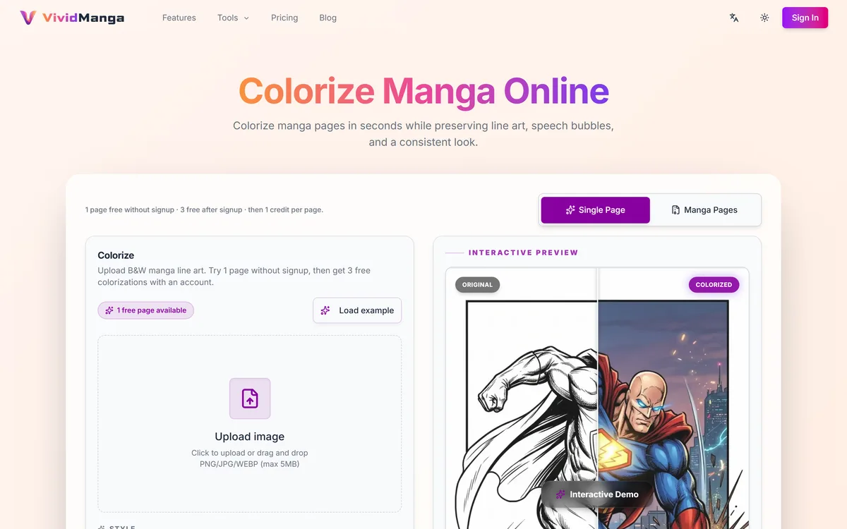 VividManga's homepage describing AI colourisation of black-and-white manga pages with consistent character colours