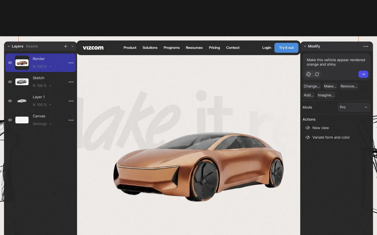 Vizcom homepage showing sketch to 3D render AI for product designers