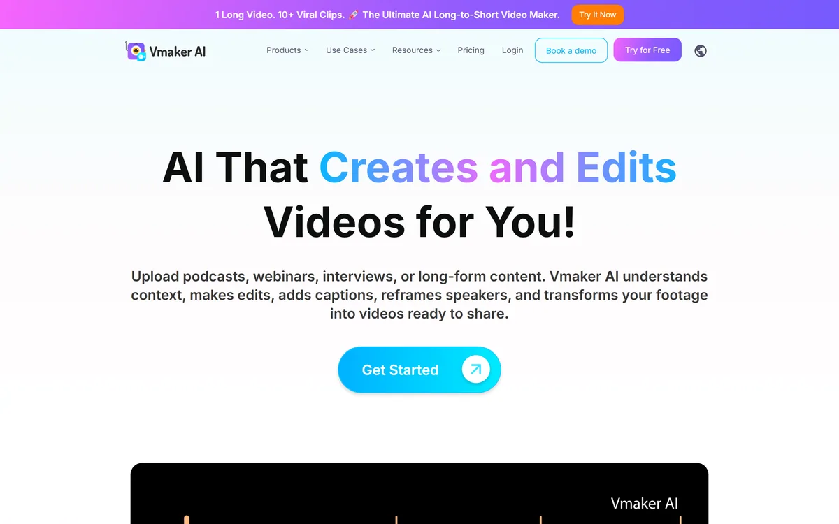 Vmaker AI homepage showing the AI video recording, editing and repurposing platform
