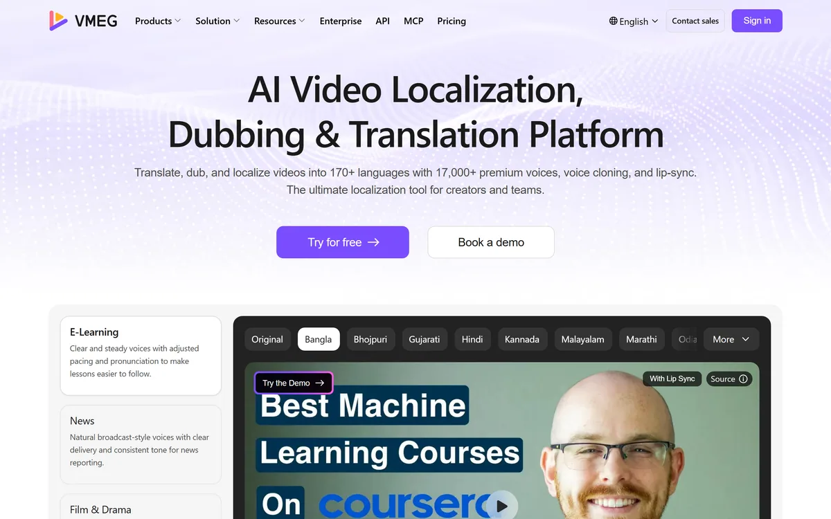 VMEG's homepage advertising video translation and dubbing into 170+ languages with voice cloning and lip-sync
