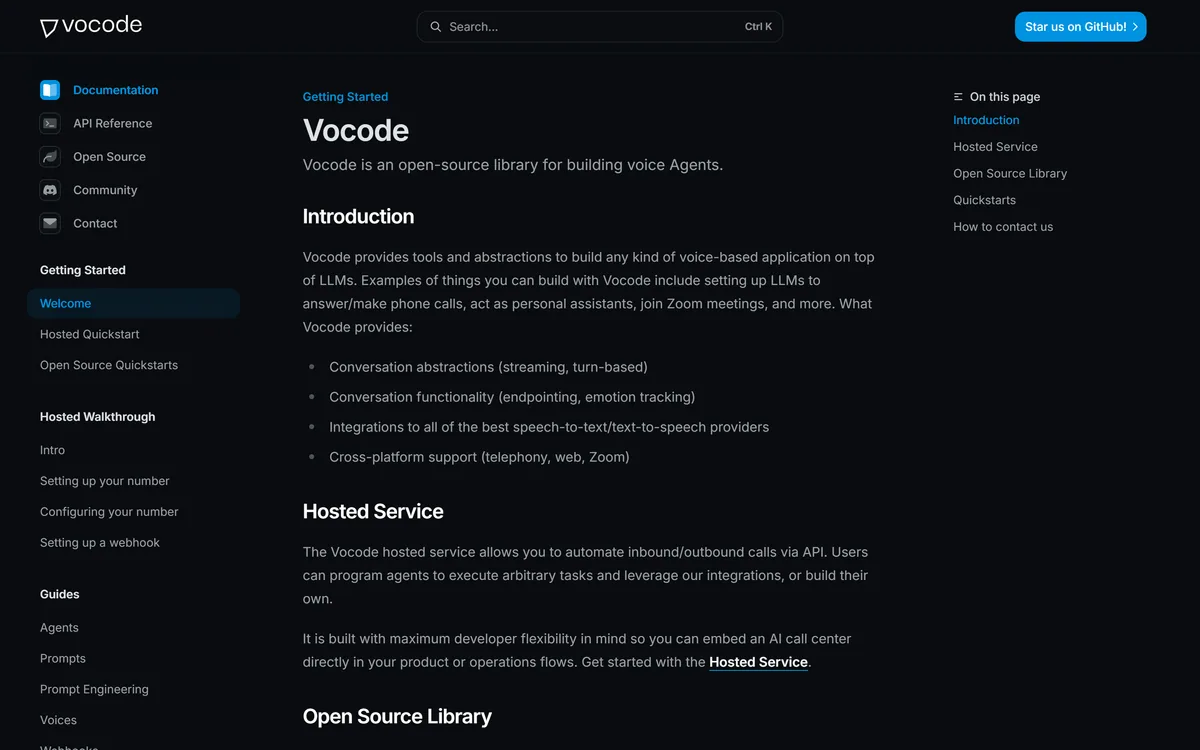 Vocode documentation homepage describing the open-source voice agent library