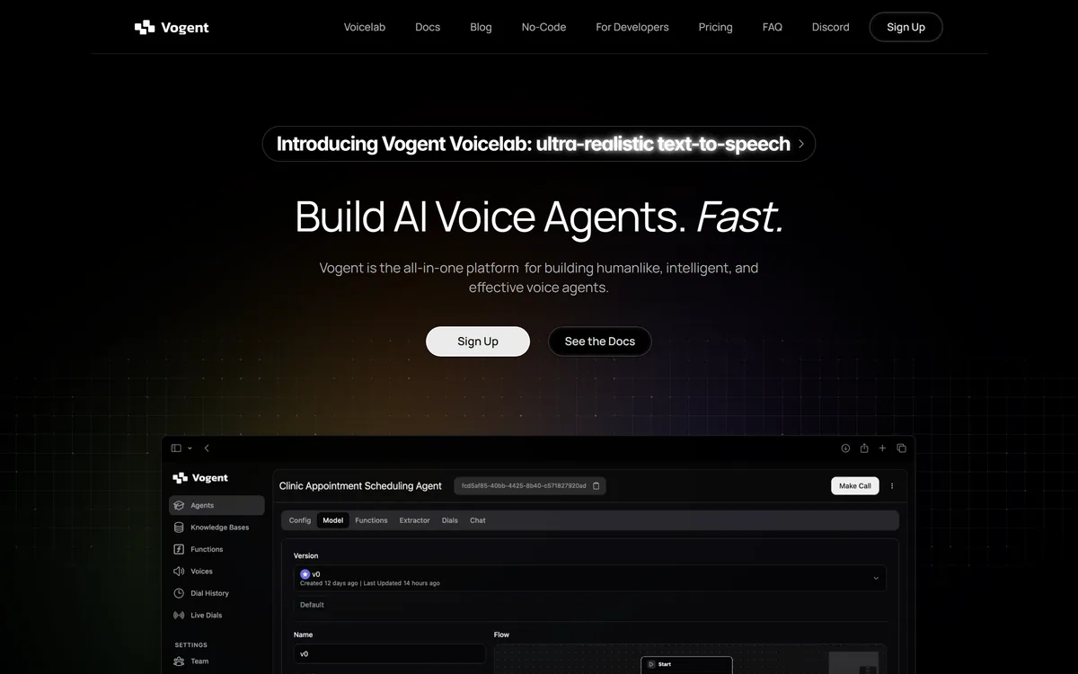 Vogent homepage showing the voice agent building platform