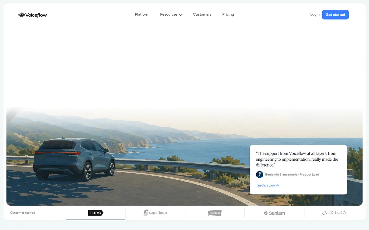 Voiceflow homepage showing the conversational AI agent platform