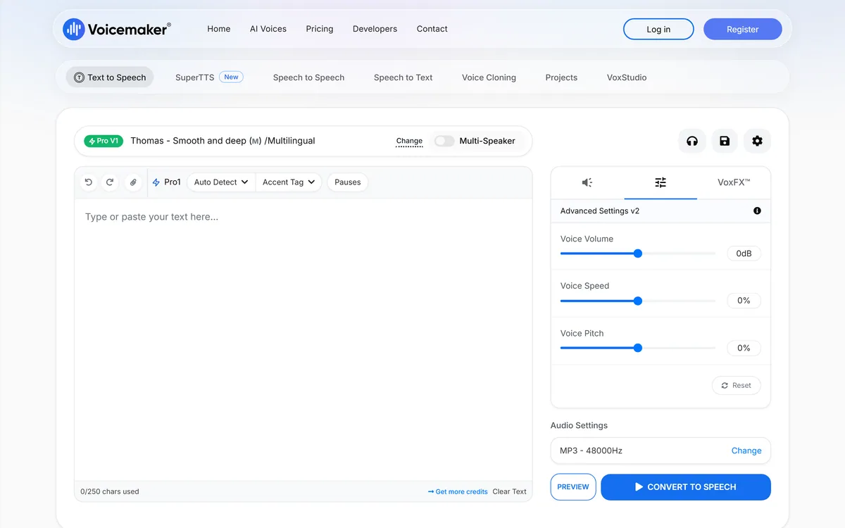 Voicemaker homepage showing the text to speech converter
