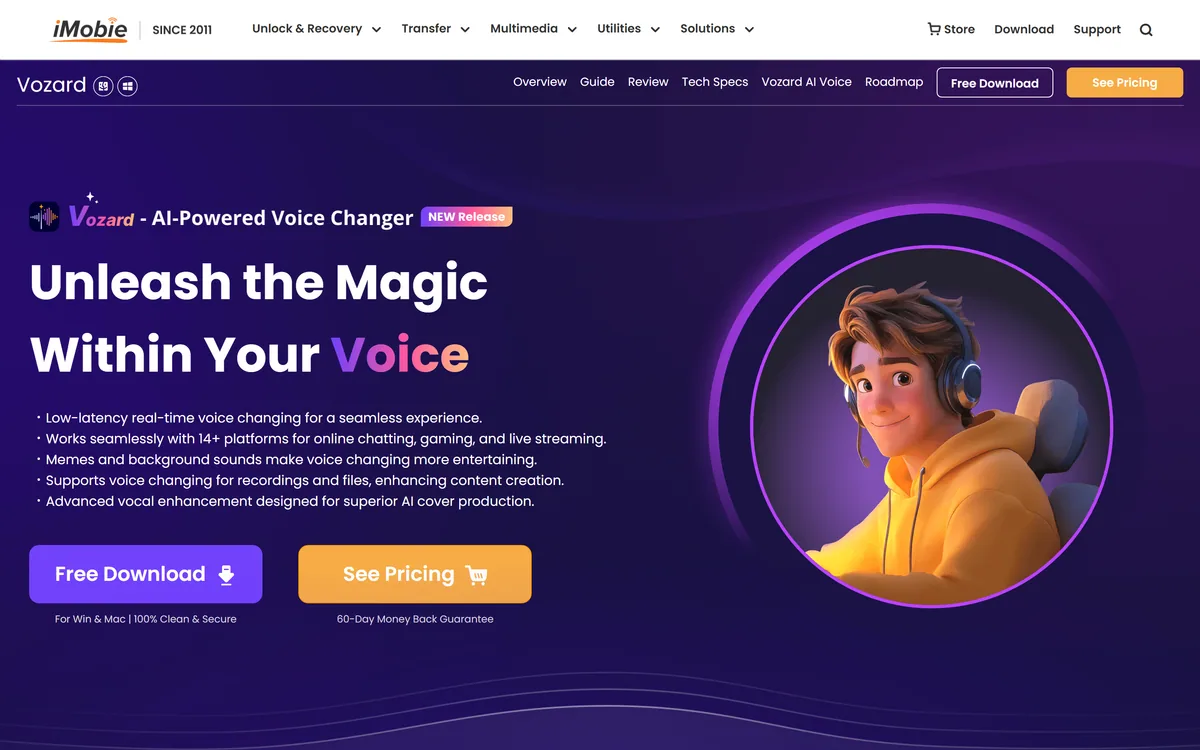 Vozard product page showing the AI voice changer software