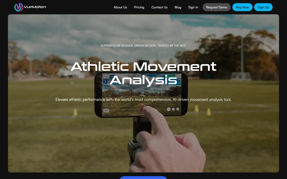 VueMotion homepage showing the athletic movement analysis platform