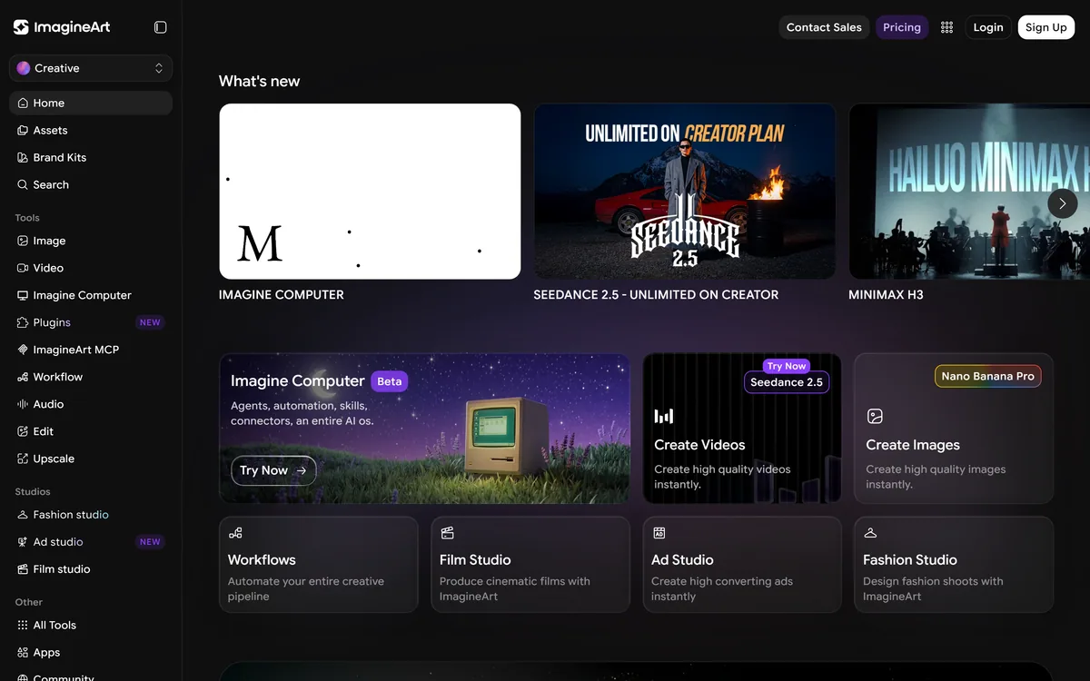 ImagineArt homepage showing the AI creative suite