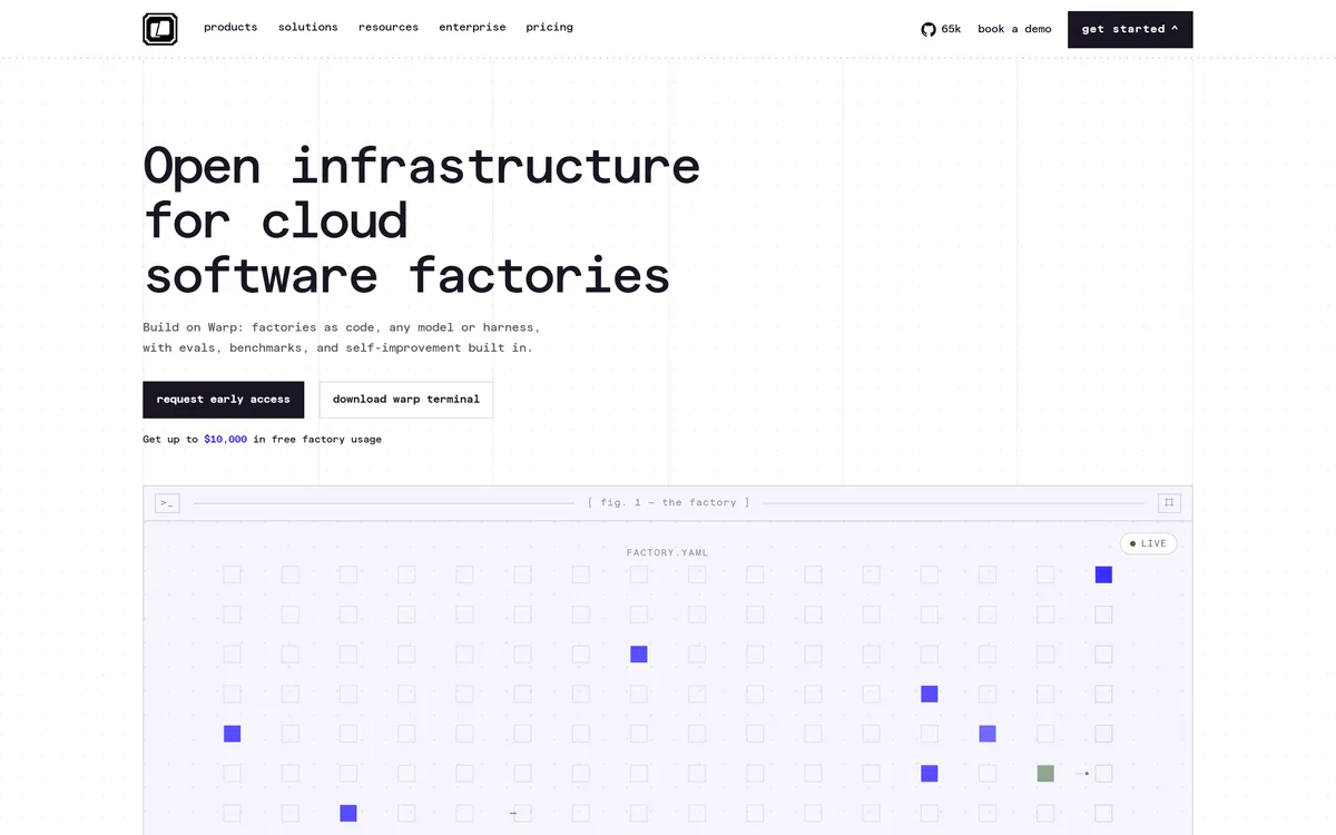 Warp homepage showing the open platform for automating development