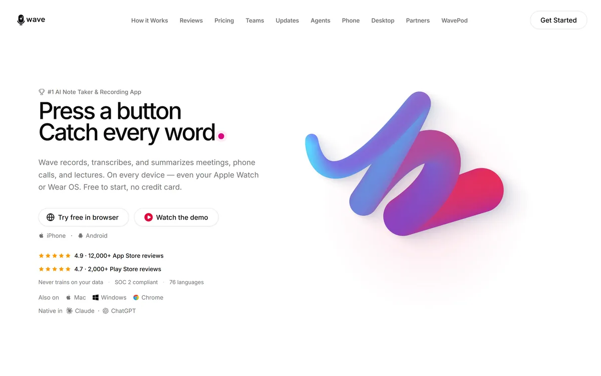 Wave homepage showing the AI notetaker for meetings, calls and lectures