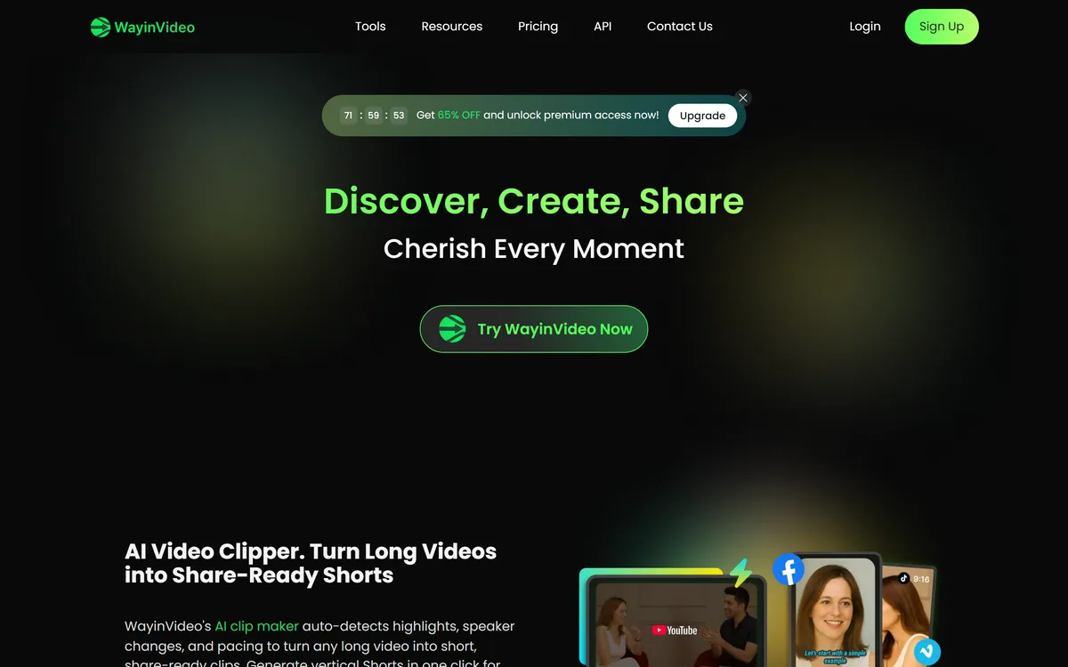 WayinVideo homepage showing the AI video clipping and search platform