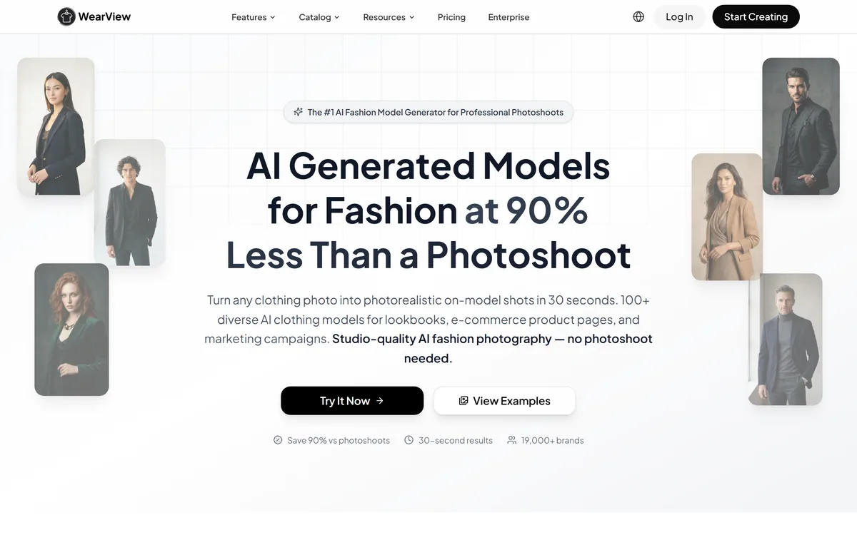 WearView homepage showing AI generated fashion models for e-commerce