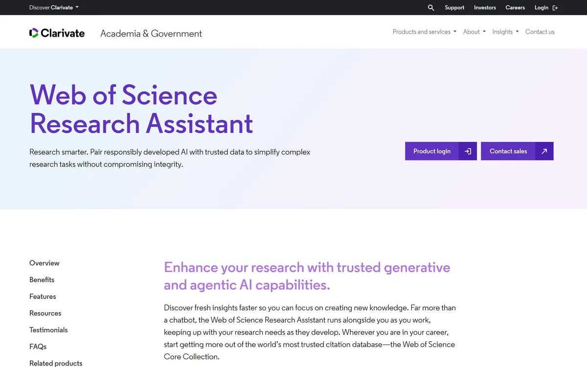 The Clarivate page for the Web of Science Research Assistant describing responsible AI over trusted data