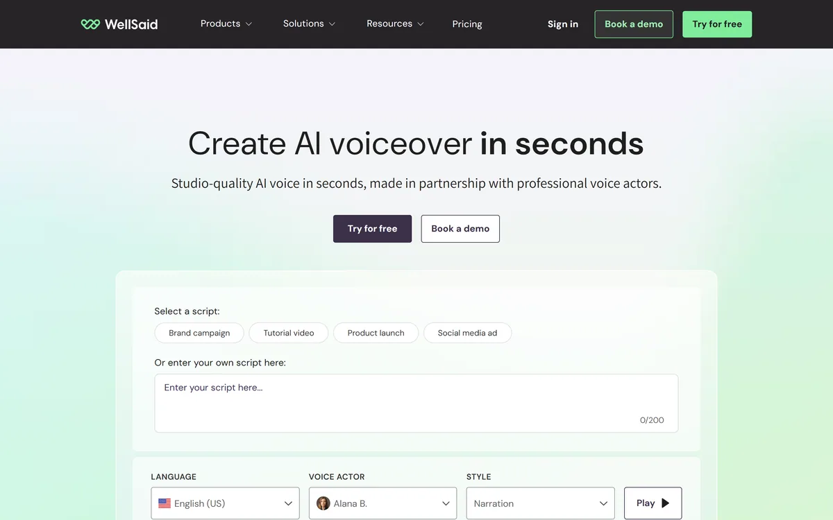 The WellSaid homepage showing its AI voiceover studio with a script and voice actor selection
