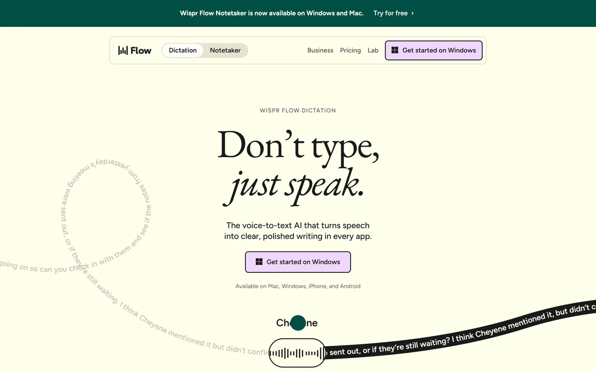 The Wispr Flow homepage showing a rambling spoken passage rewritten into clean text