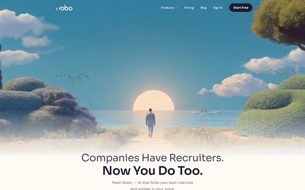Wobo homepage showing the AI job application and recruiting platform