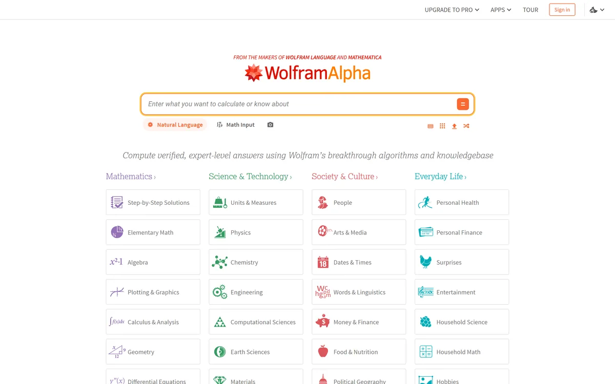 The Wolfram|Alpha homepage showing its computational knowledge engine query box
