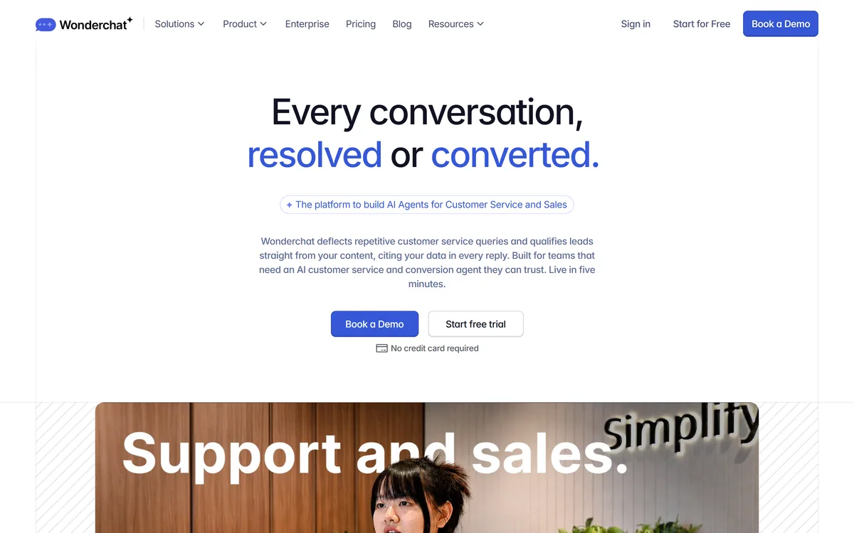 The Wonderchat homepage describing AI agents for customer service and sales
