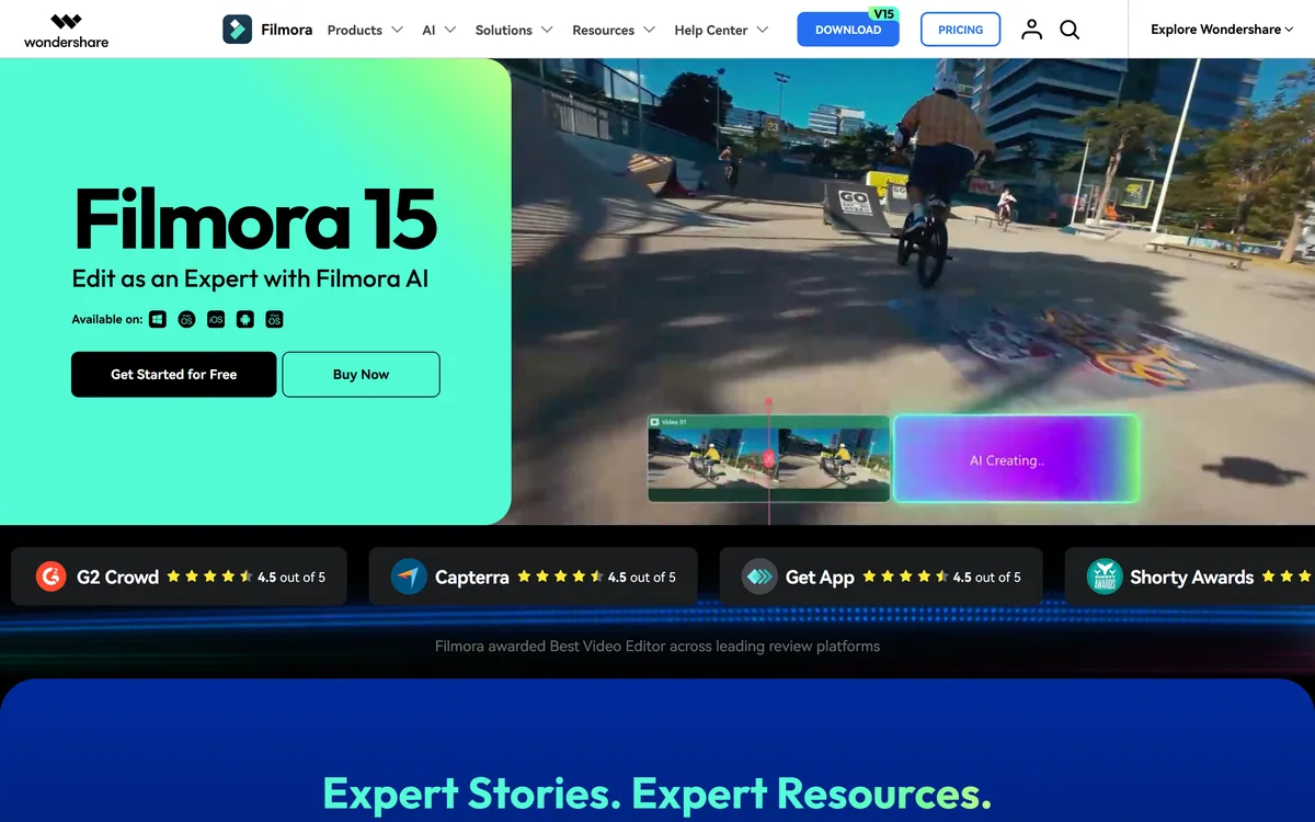 Wondershare Filmora's homepage showing its AI-assisted video editing suite