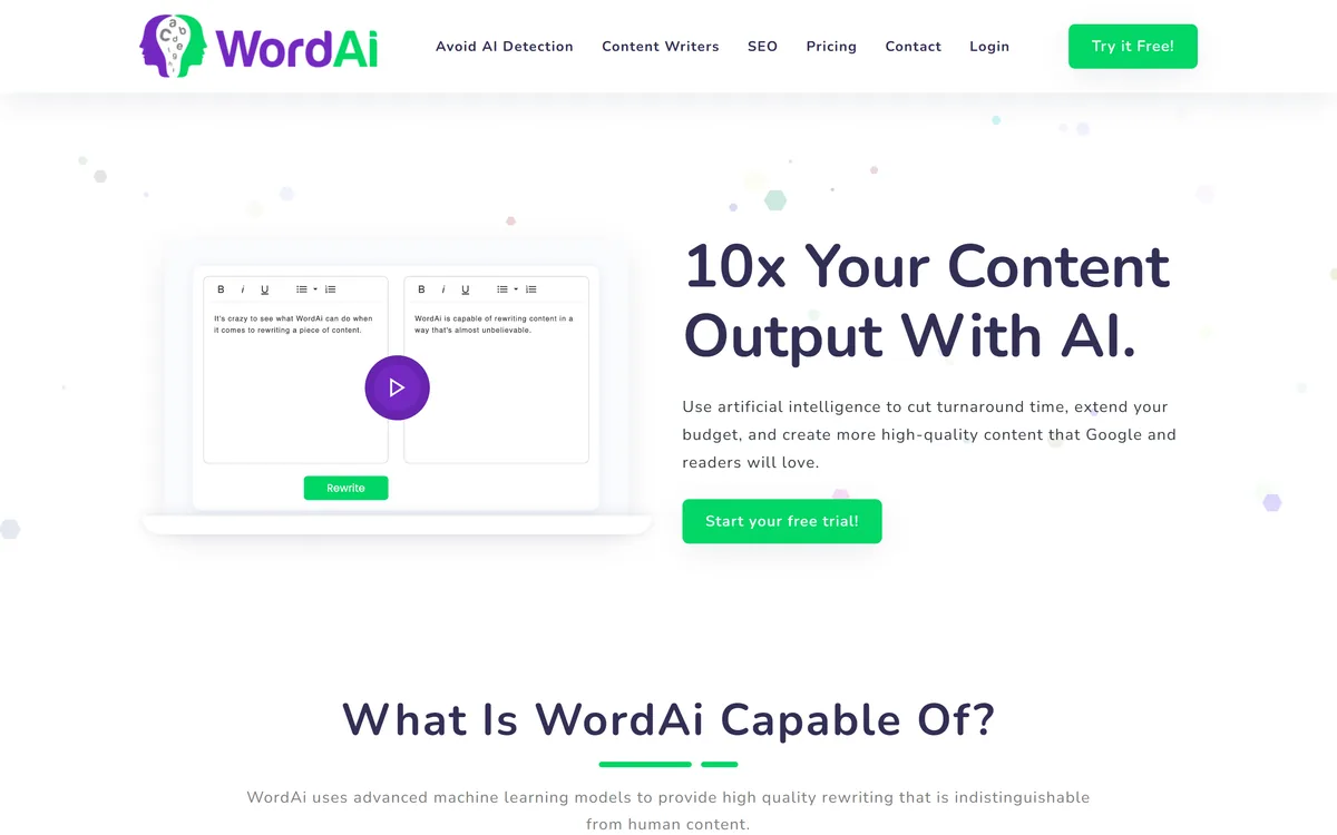 The WordAi homepage describing AI text rewriting to increase content output