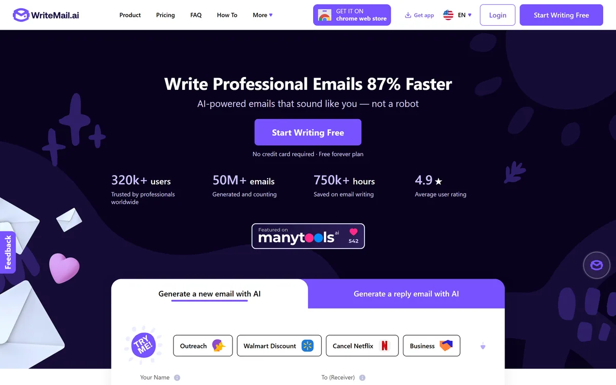 WriteMail.ai homepage showing the AI email generator and its controls