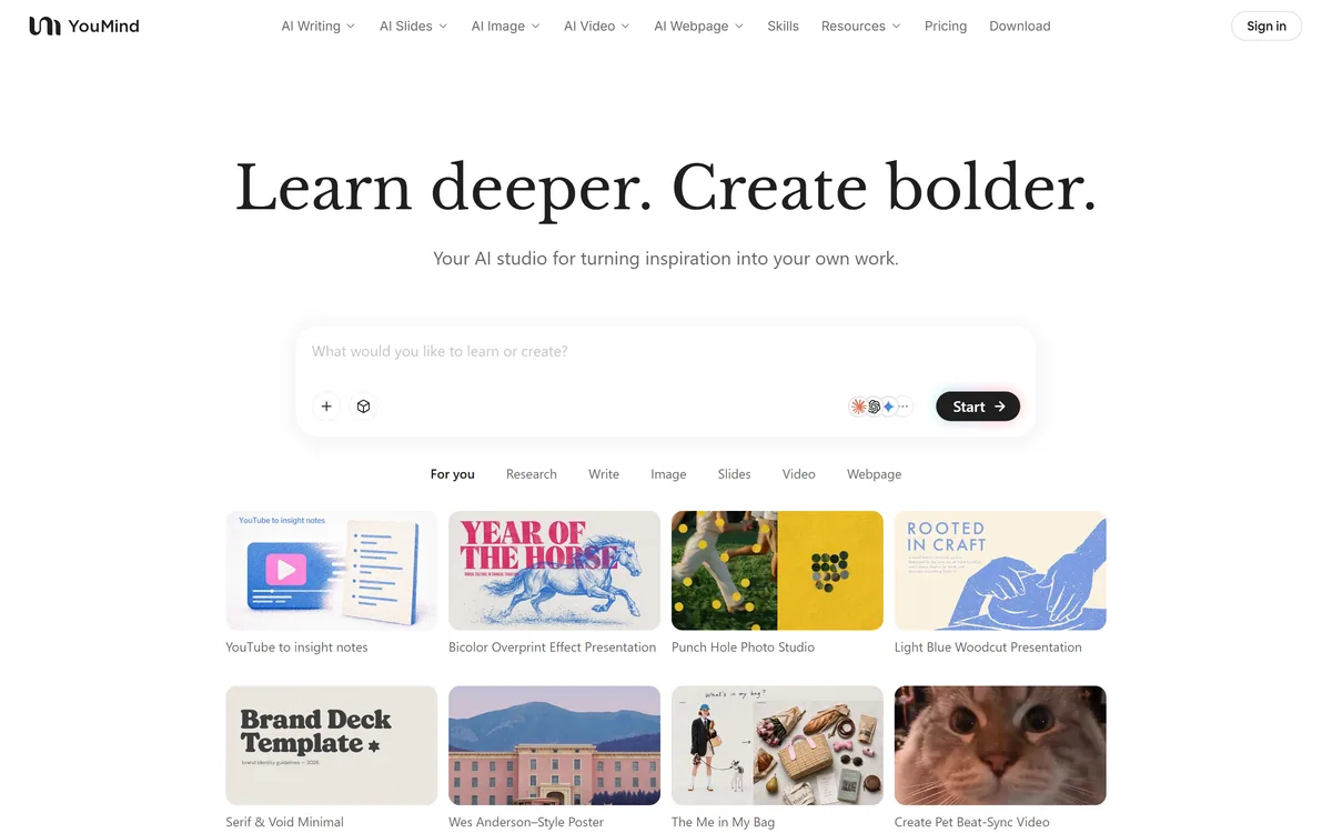 The YouMind homepage inviting the user to learn or create, with format options like research, write, slides and video