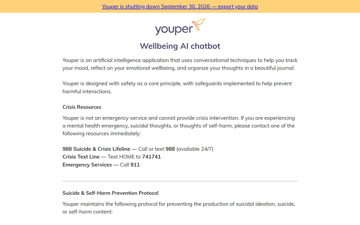 Youper's website describing conversational mood tracking, emotional wellbeing reflection and journaling