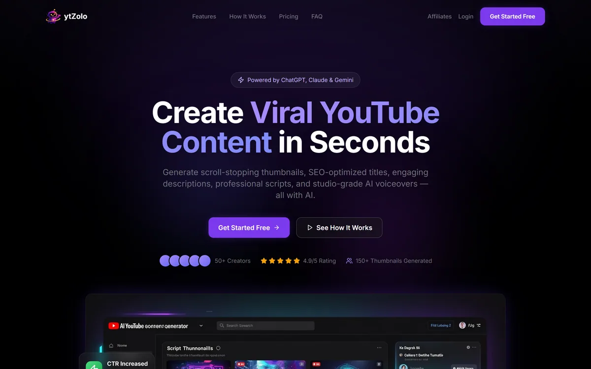 The ytZolo homepage advertising AI generation of viral YouTube thumbnails, titles and scripts