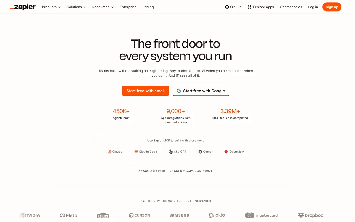 Zapier's homepage headline calling it the front door to every system you run, with figures for agents built and app integrations