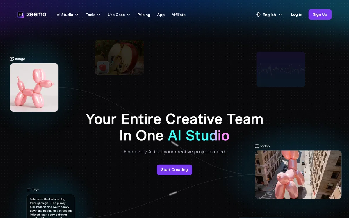 Zeemo's homepage presenting its all-in-one AI studio for image, video, and captions